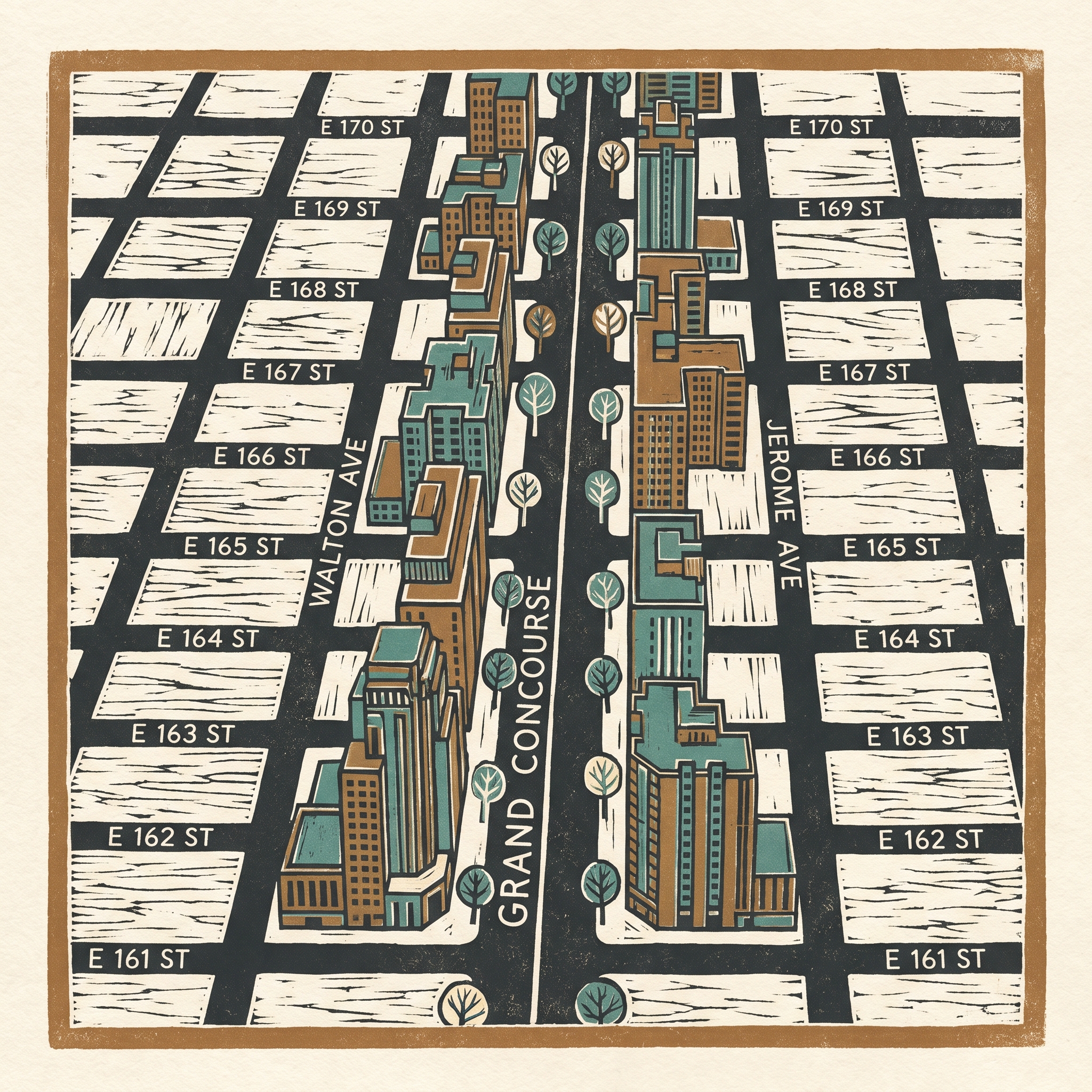 Woodcut map of Grand Concourse street grid, Bronx