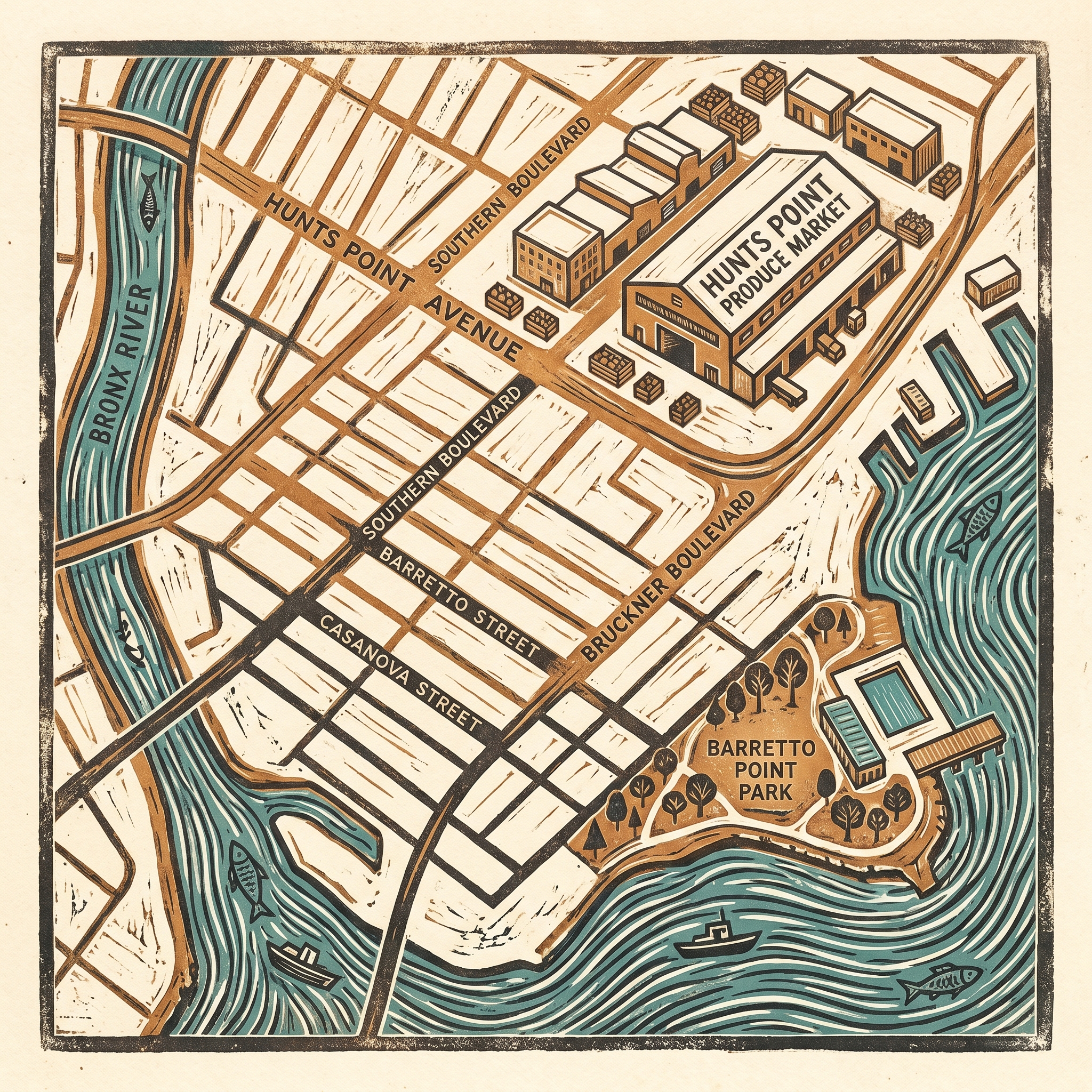 Woodcut map of Hunts Point street grid, Bronx