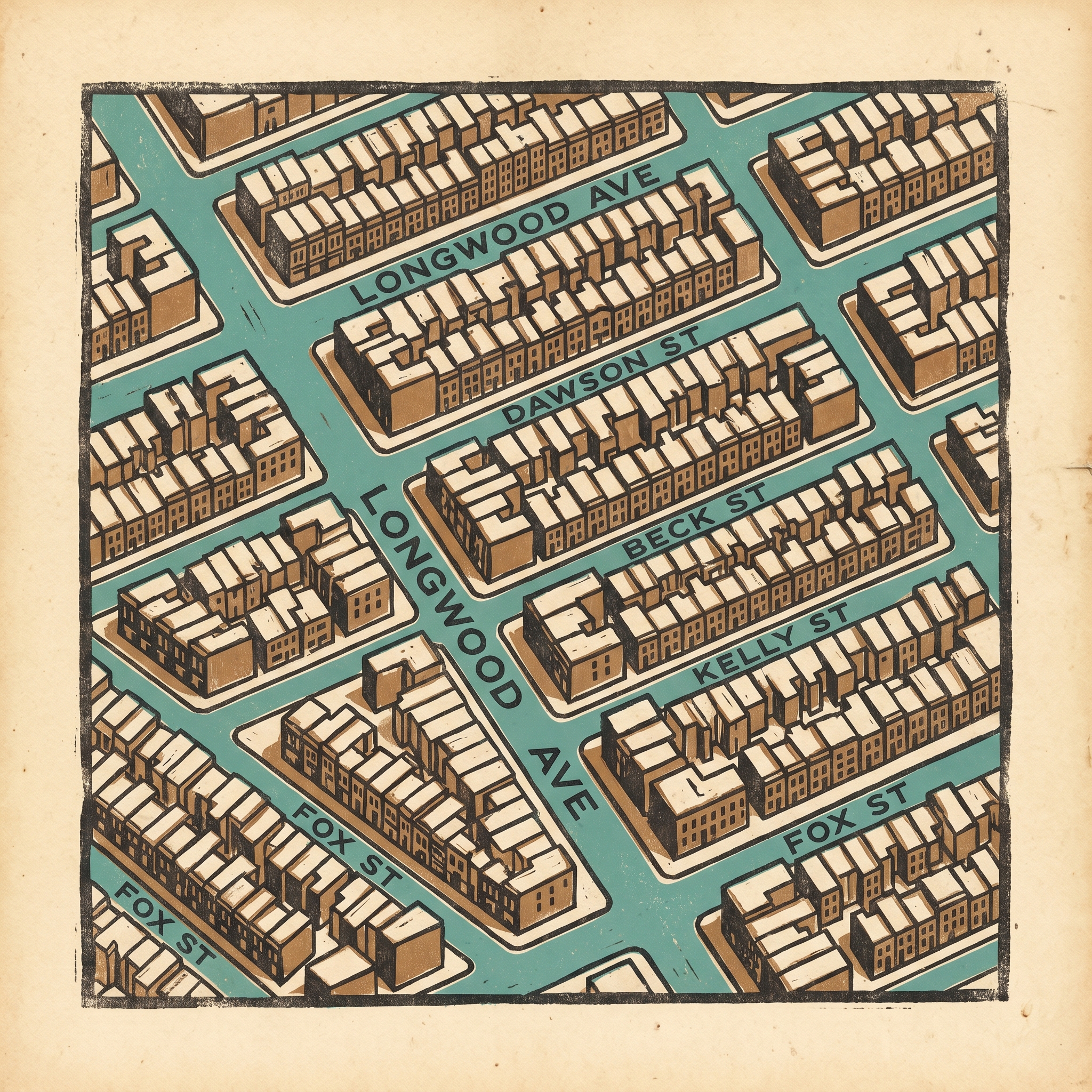 Woodcut map of Longwood street grid, Bronx